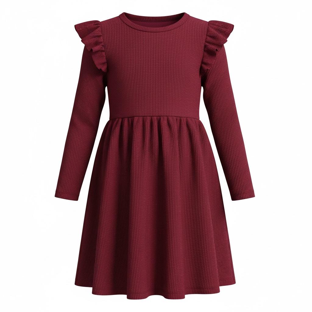Wine Red Girls Long Sleeve A-Line Knit Dress with Ruffle Detail – Soft Party Wear Comfort Fit