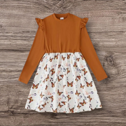 Girls Long Sleeve Butterfly Print Dress β Ruffle Shoulder Elegant Casual Party Outfit