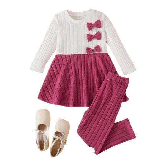 Girls 2-Piece Ruffle Outfit Set – Long Sleeve Dress Top & Pants for Fall Winter (White & Rose)