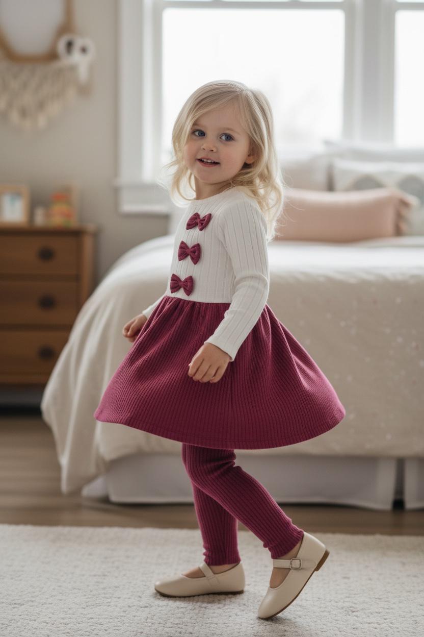 Girls 2-Piece Ruffle Outfit Set – Long Sleeve Dress Top & Pants for Fall Winter (White & Rose)