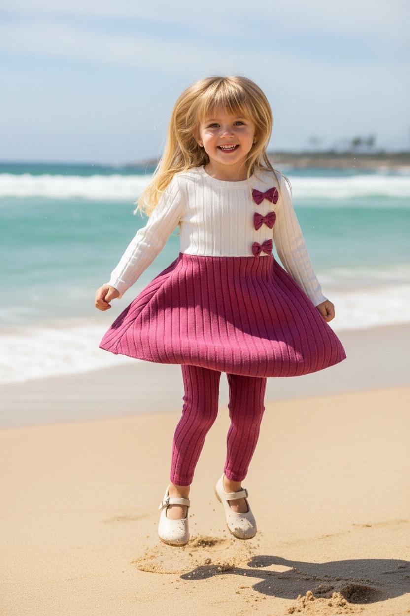 Girls 2-Piece Ruffle Outfit Set – Long Sleeve Dress Top & Pants for Fall Winter (White & Rose)