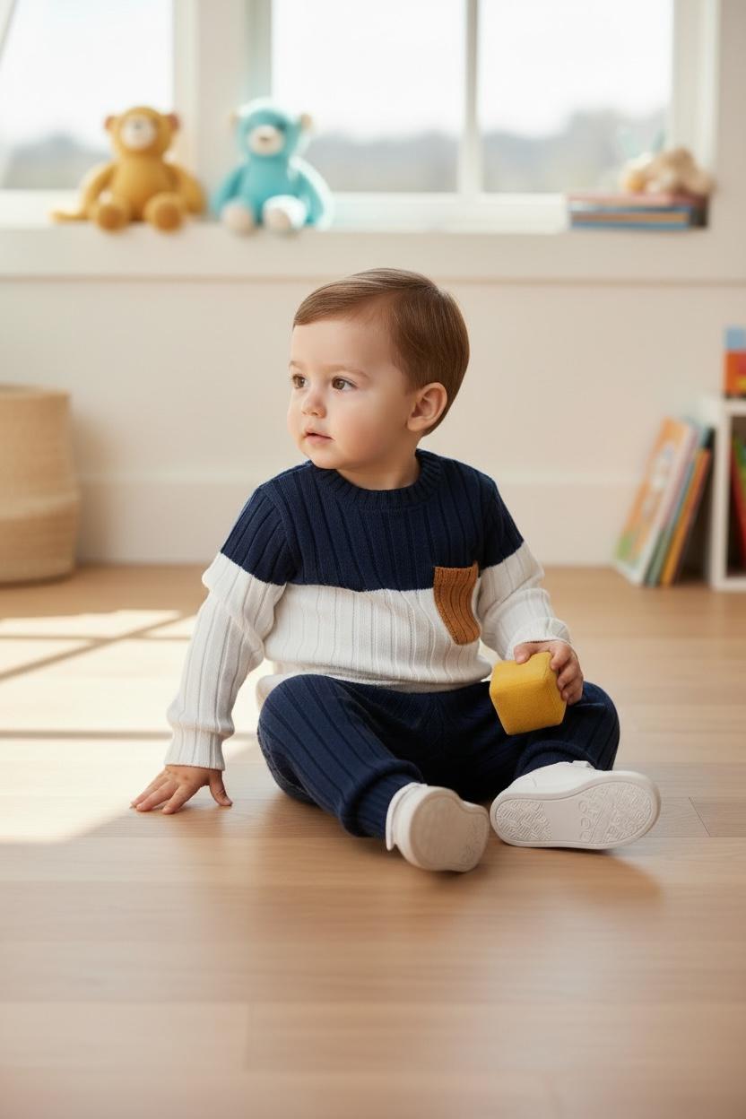 Boys Stylish Color Block Ribbed Knit Set - 2Pcs