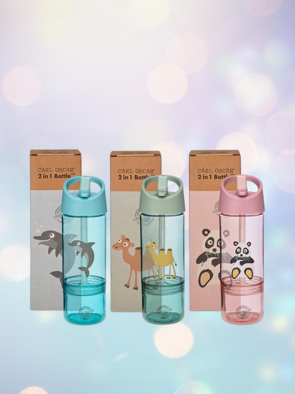2-in-1 Kids Tritan Water Bottle with Snack Box – Animal Print, BPA-Free, 300ml + 150ml