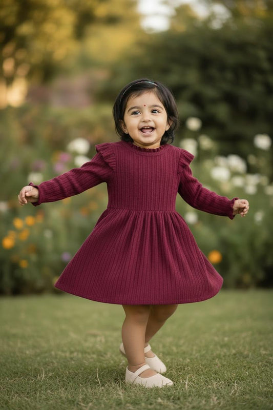 Wine Red Girls Long Sleeve A-Line Knit Dress with Ruffle Detail – Soft Party Wear Comfort Fit