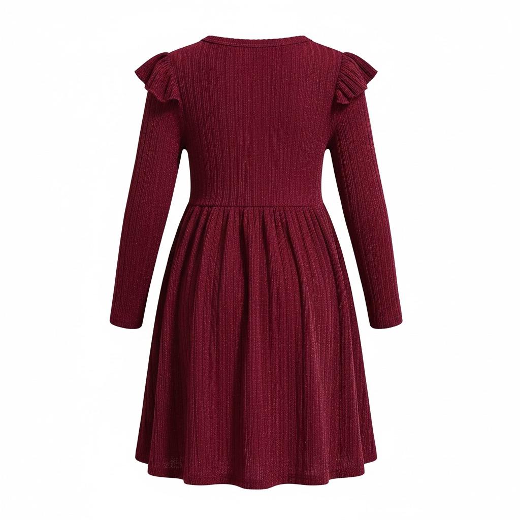 Wine Red Girls Long Sleeve A-Line Knit Dress with Ruffle Detail – Soft Party Wear Comfort Fit
