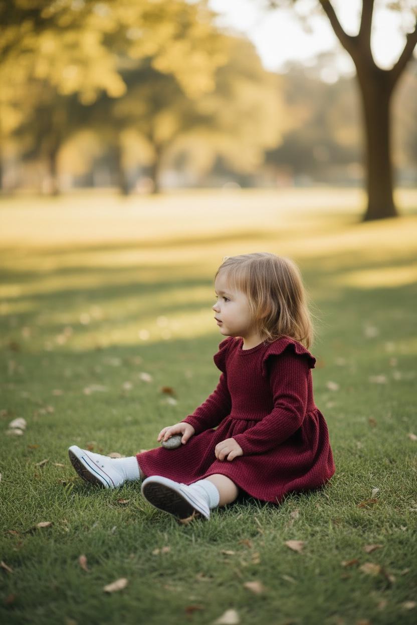 Wine Red Girls Long Sleeve A-Line Knit Dress with Ruffle Detail – Soft Party Wear Comfort Fit