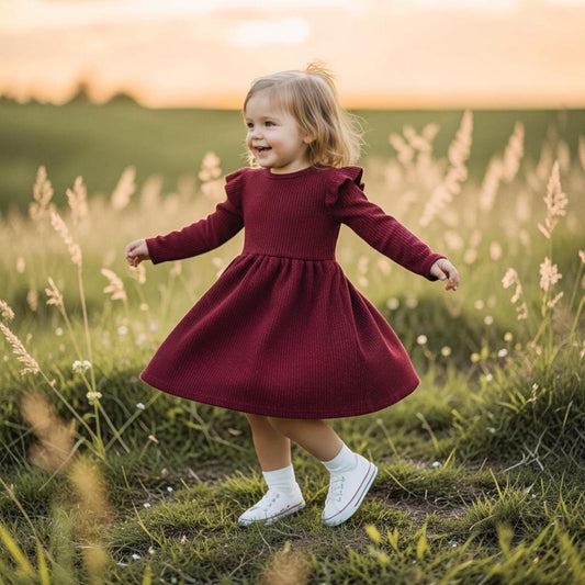 Wine Red Girls Long Sleeve A-Line Knit Dress with Ruffle Detail – Soft Party Wear Comfort Fit