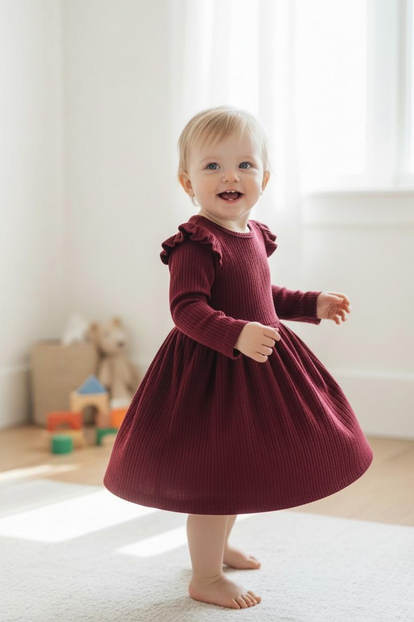Wine Red Girls Long Sleeve A-Line Knit Dress with Ruffle Detail – Soft Party Wear Comfort Fit