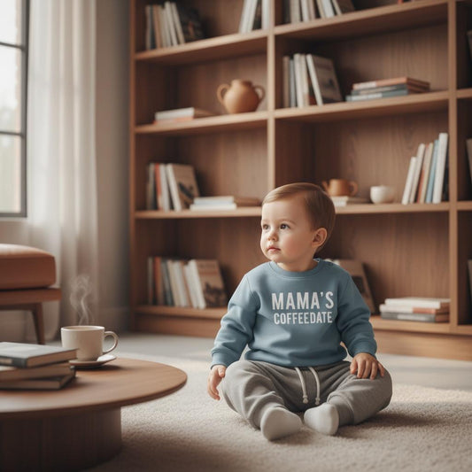 Baby 2-Piece Outfit – Long Sleeve “Mama’s Coffee Date” Print Top & Solid Pants Set