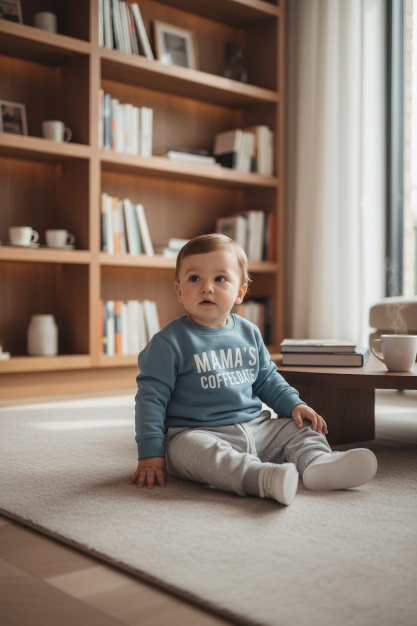 Baby 2-Piece Outfit – Long Sleeve “Mama’s Coffee Date” Print Top & Solid Pants Set