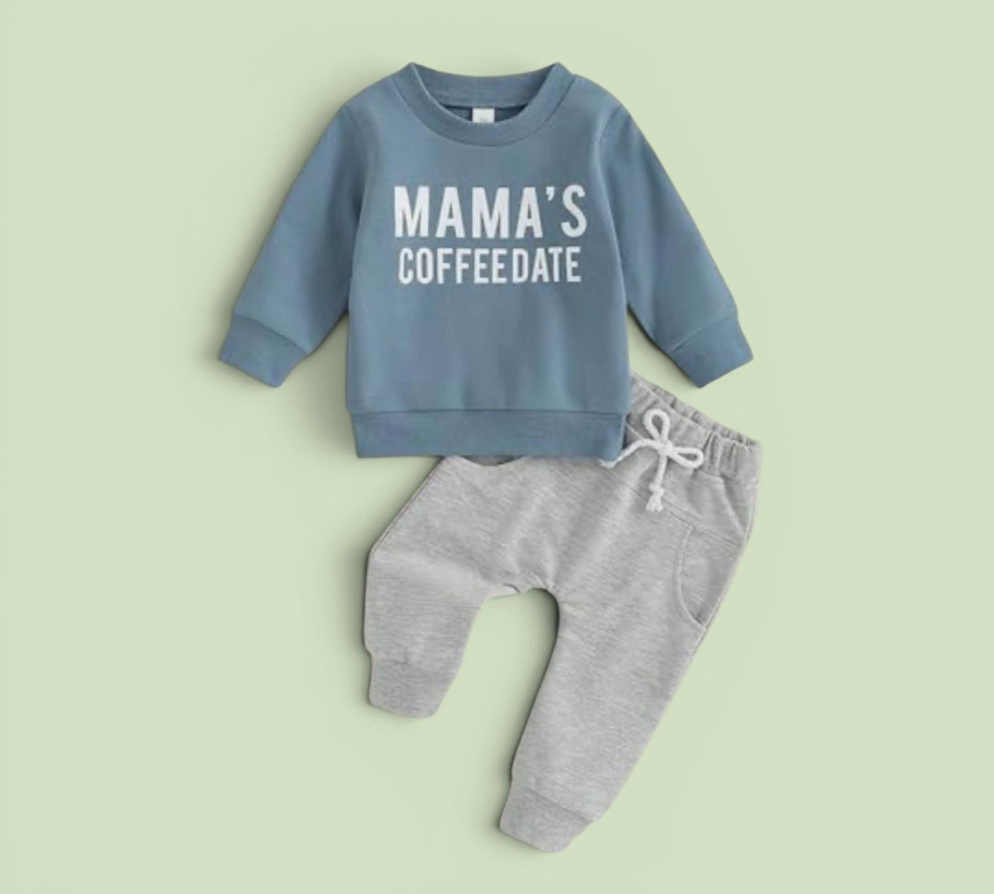 Baby 2-Piece Outfit – Long Sleeve “Mama’s Coffee Date” Print Top & Solid Pants Set
