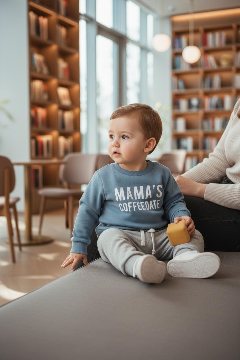 Baby 2-Piece Outfit – Long Sleeve “Mama’s Coffee Date” Print Top & Solid Pants Set