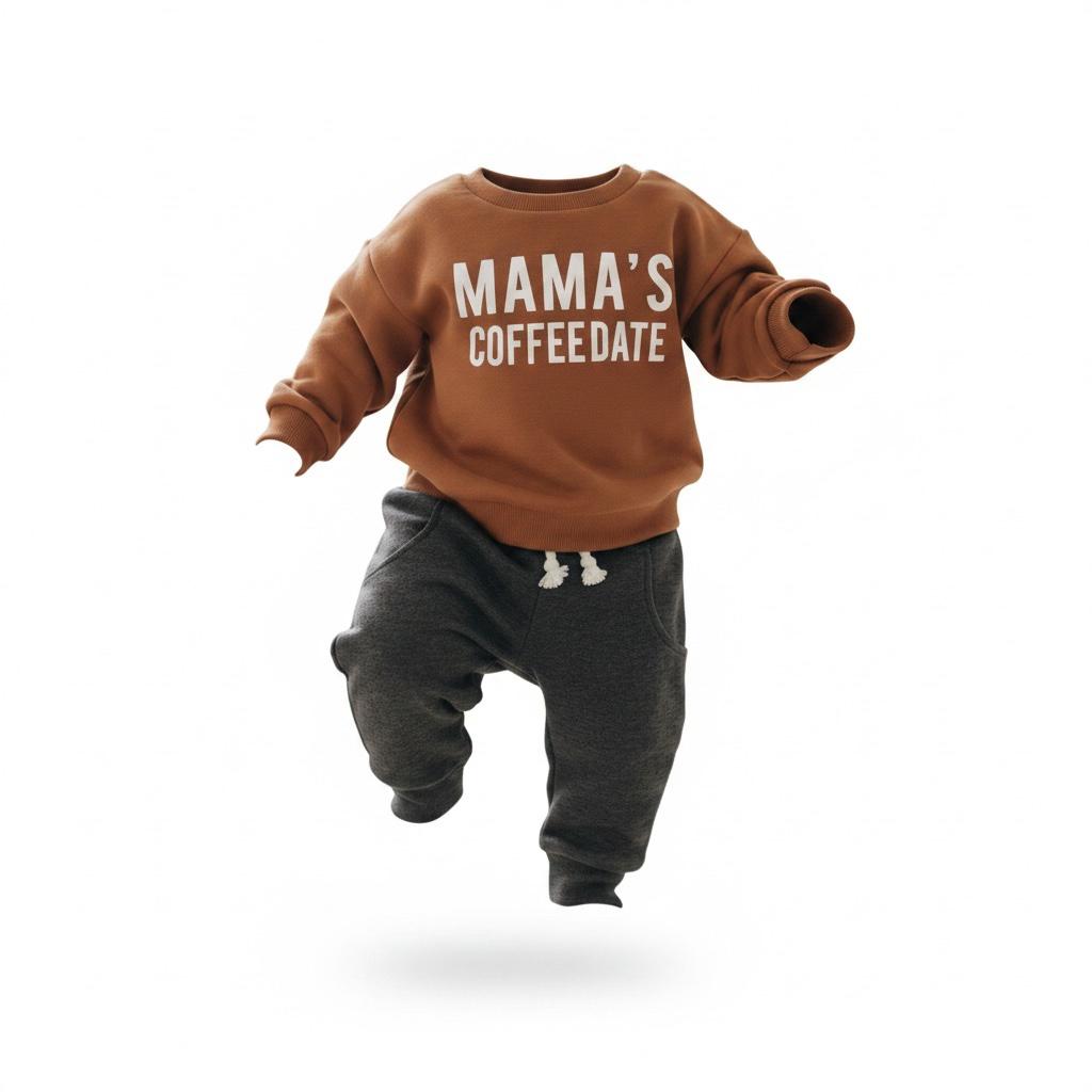 Baby 2-Piece Outfit – Long Sleeve “Mama’s Coffee Date” Print Top & Solid Pants Set