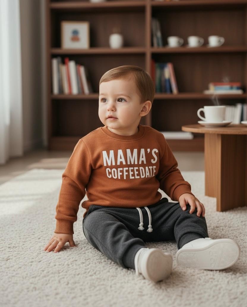 Baby 2-Piece Outfit – Long Sleeve “Mama’s Coffee Date” Print Top & Solid Pants Set