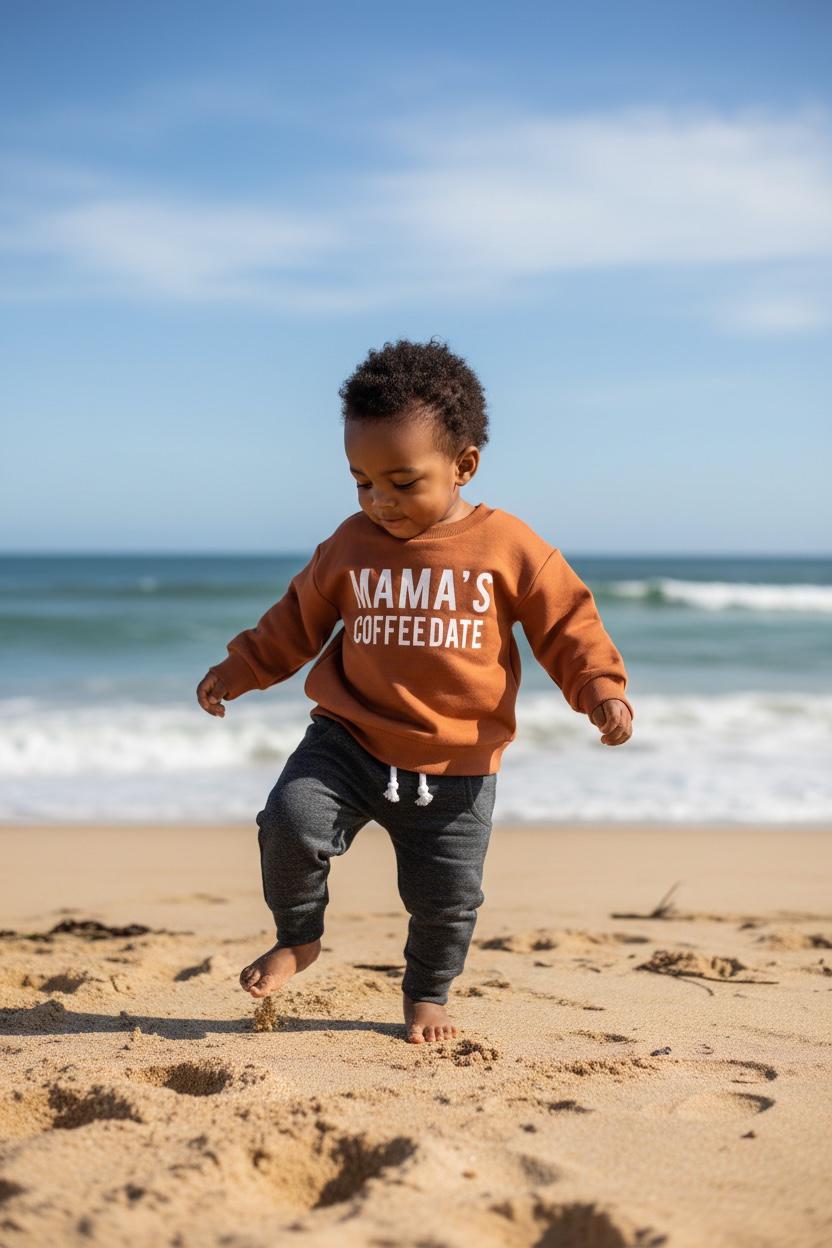 Baby 2-Piece Outfit – Long Sleeve “Mama’s Coffee Date” Print Top & Solid Pants Set