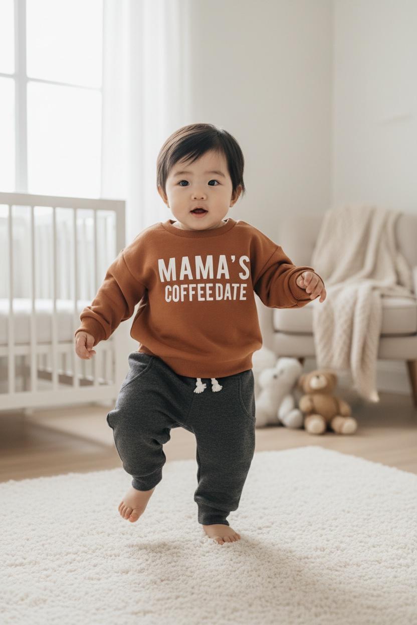 Baby 2-Piece Outfit – Long Sleeve “Mama’s Coffee Date” Print Top & Solid Pants Set