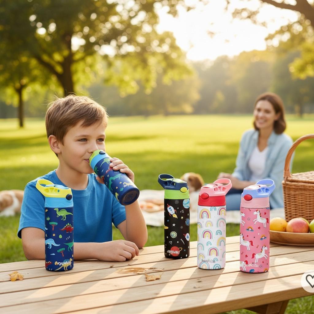 Kids 350ml Insulated SS Water Bottle – Leak Proof, BPA Free with Carry Handle