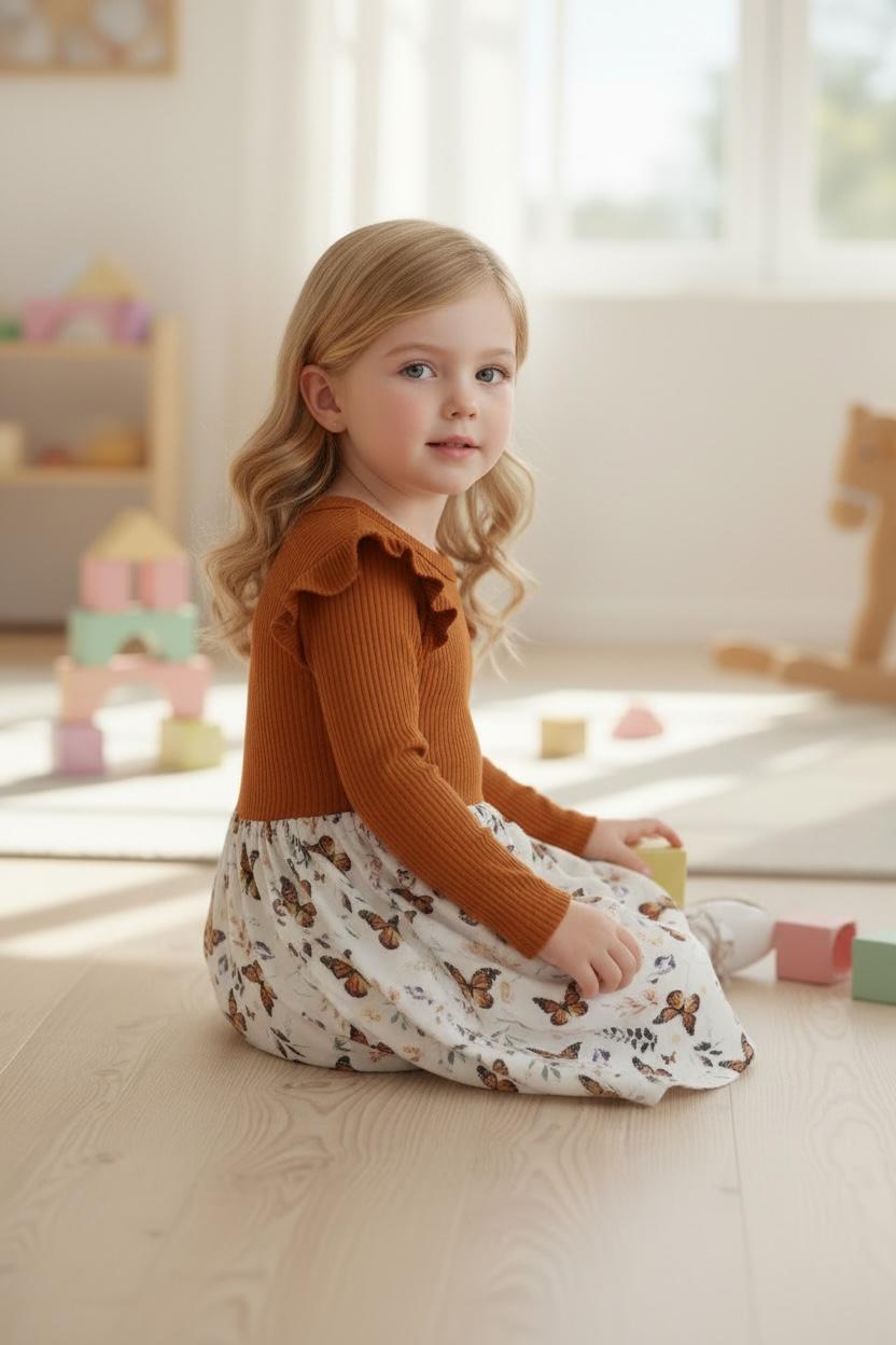 Girls Long Sleeve Butterfly Print Dress – Ruffle Shoulder Elegant Casual Party Outfit
