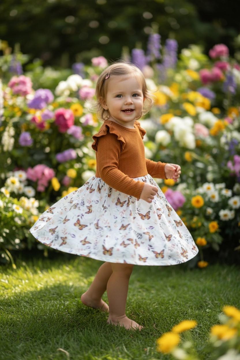Girls Long Sleeve Butterfly Print Dress – Ruffle Shoulder Elegant Casual Party Outfit