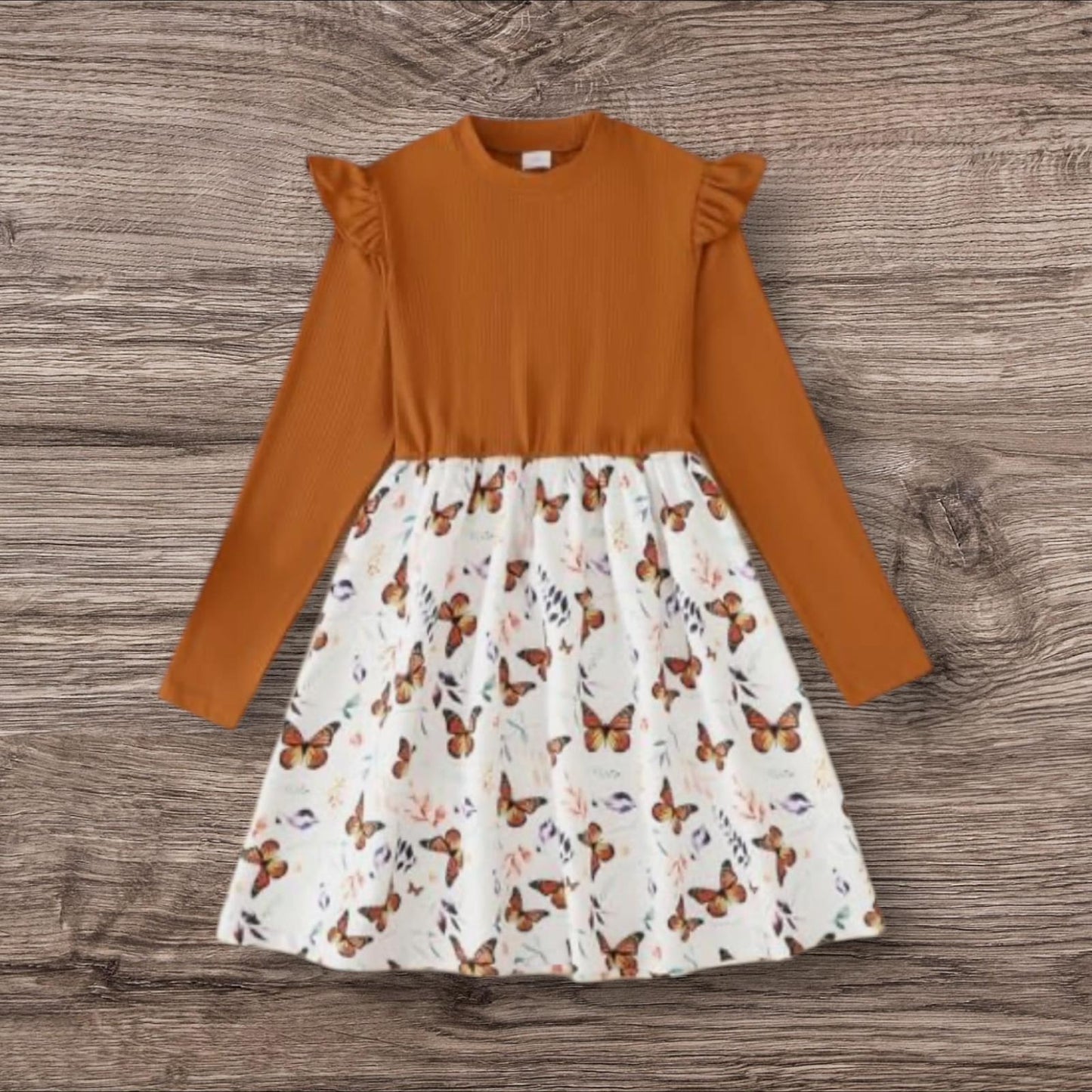 Girls Long Sleeve Butterfly Print Dress – Ruffle Shoulder Elegant Casual Party Outfit