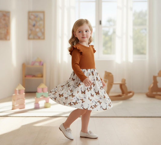 Girls Long Sleeve Butterfly Print Dress – Ruffle Shoulder Elegant Casual Party Outfit